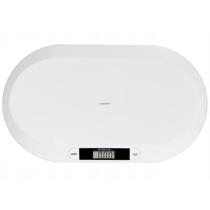 Elektroniczna waga niemowlęca ESPERANZA EBS019 — zakres ważenia 0,03–20 kg, podziałka 0,01 kg, duży wyświetlacz LCD 60×25 mm, biała