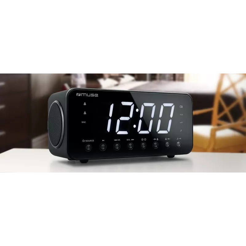 Zegar radiowy Muse M-192 CR — zegar cyfrowy, tuner FM, wyświetlacz LED 1,8 cala, czarne drewno, zasilanie AC 100–240 V, bateria zapasowa AAA