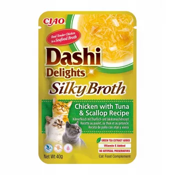 Mokry przysmak dla kota INABA Dashi Delights — Kurczak z tuńczykiem i przegrzebkiem, 40 g saszetka, 93% wilgotności, 5,5% białka