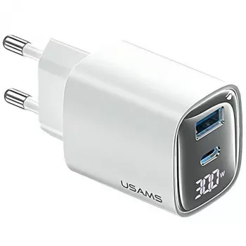 Szybka ładowarka USB i USB-C 30W GaN usams CC229 biała — wskaźnik LED, kompaktowa konstrukcja