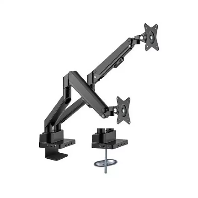 Manhattan Dual Desk Mount do telewizorów i monitorów (pełny ruch, sprężyna gazowa) z wbudowaną stacją dokującą, do ekranów do 27 cali, porty (x7): Ethernet, HDMI (x2), USB-A (x3) i USB-C, zasilanie Power Delivery (100 W) do portu USB-C (wymagana oddzielna ładowarka ścienna / kabel USB-C), VESA: 75x75 i 100x100 mm