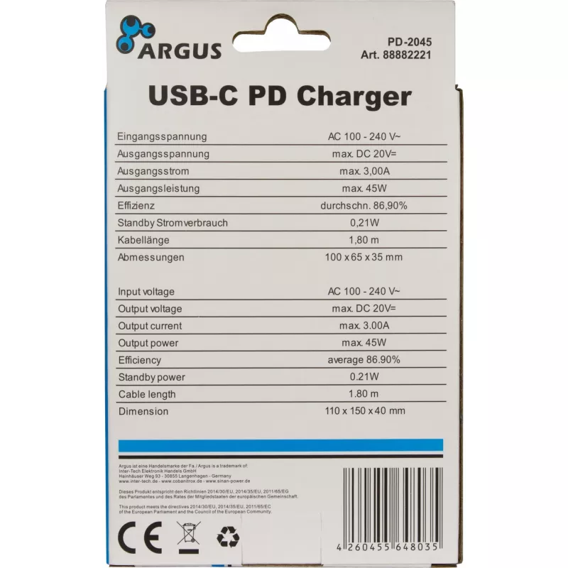 Ładowarka Inter-Tech PD-2045 Uniwersalna Czarna AC do użytku wewnętrznego 20V USB-C