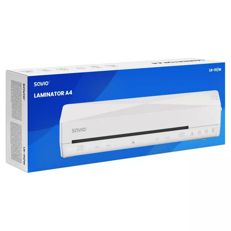 Laminator na zimno/gorąco SAVIO LR-01/W — max szerokość 230 mm, 320 mm/min, 300 W, biały