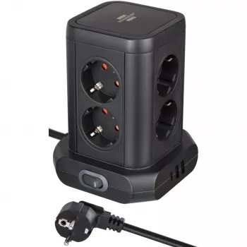 Wieża listwy zasilającej Brennenstuhl 1153560010 — 8 gniazd, 2×USB-A, 1×USB-C, czarna