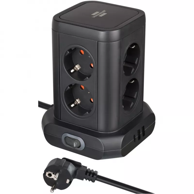 Wieża listwy zasilającej Brennenstuhl 1153560010 — 8 gniazd, 2×USB-A, 1×USB-C, czarna
