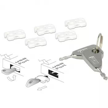 Zestaw blokad portów USB do gniazda USB-A, wtykana blokada biało-srebrna, 5x blokada USB, 2x klucz