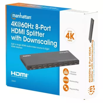 Manhattan 4K@60Hz 8-portowy rozdzielacz HDMI ze skalowaniem w dół, rozdziela jedno wejście HDMI na osiem wyjść HDMI (1x8), 18G, przełącznik EDID do skalowania w dół, czarny