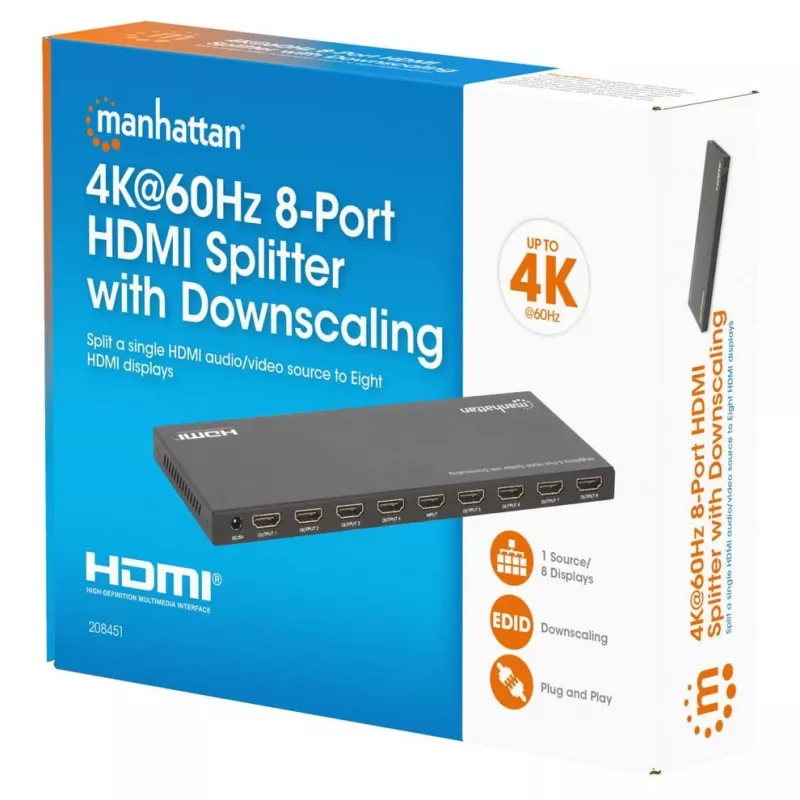 Manhattan 4K@60Hz 8-portowy rozdzielacz HDMI ze skalowaniem w dół, rozdziela jedno wejście HDMI na osiem wyjść HDMI (1x8), 18G, przełącznik EDID do skalowania w dół, czarny