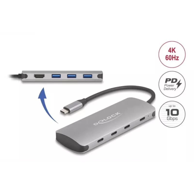 Hub USB-C DELOCK 64323 — host USB 3.2 Gen 2 Type-C, HDMI + 2× USB-A + 2× USB-C, 10 Gbit/s, szary