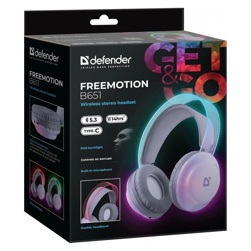 Bezprzewodowe słuchawki nauszne DEFENDER Freemotion B651 — binauralne, zamknięte akustycznie, 20–20000 Hz, 105 dB, USB-C, AUX