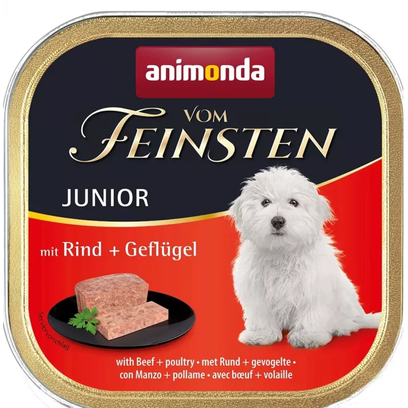 Mokra karma dla psa animonda Vom Feinsten Junior Beef & Poultry tacka 150 g — na okres wzrostu, białko 11%, tłuszcz 7%