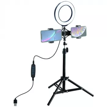 Lampa pierścieniowa LED 16 cm ze statywem do 70 cm i podwójnym uchwytem na telefon, USB