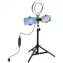 Lampa pierścieniowa LED 16 cm ze statywem do 70 cm i podwójnym uchwytem na telefon, USB