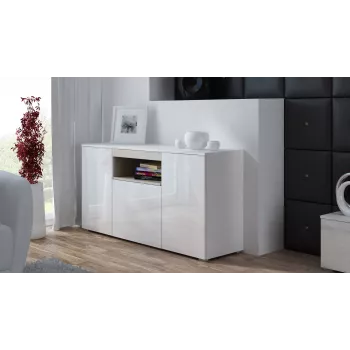 Komoda Cama Meble VIVA 150 — biały/biały połysk i dąb sonoma, 3 drzwi, 5 półek, 1500×450×800 mm