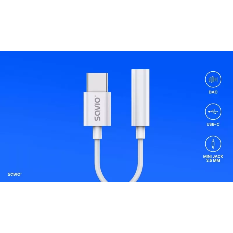 Adapter audio USB Type 3.1 C (M) – Jack 3,5mm (F) Biały SAVIO AK-51
