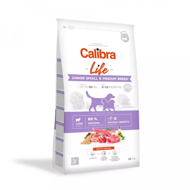 Sucha karma dla psa Calibra Life Junior Small & Medium breed Lamb 12 kg — pełnoporcjowa sucha karma dla rosnących psów, 28% białka, 18% tłuszczu, dla szczeniąt 10–15,9 kg