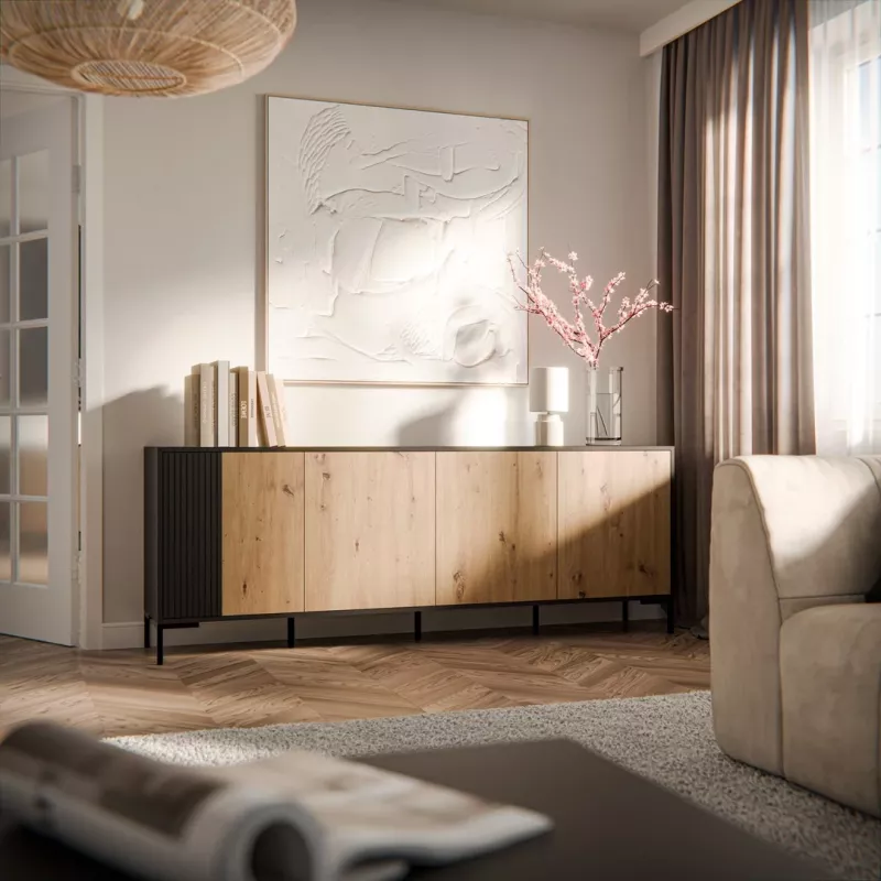 Komoda cama meble MERCI 200 x 40 x 74 cm — czarna/dąb artisan, płyta wiórowa