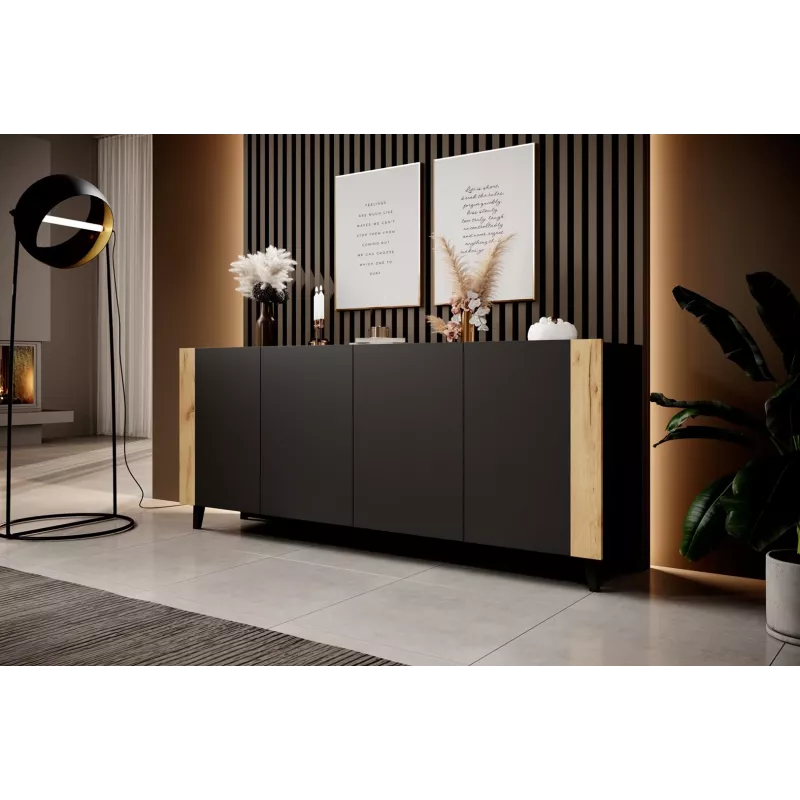 Komoda cama meble FARO KOM200 CZ — 2000×420×820 mm, rama matowa czarna, fronty w kolorze dębu kraft