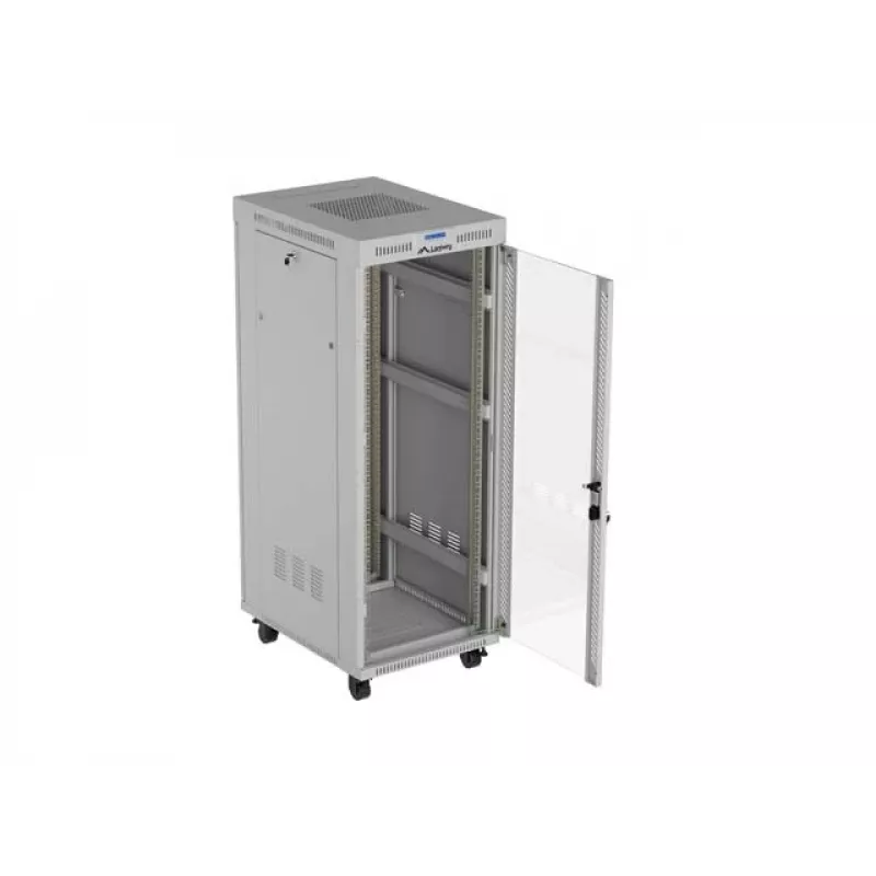 19-calowa szafa stojąca LANBERG 32U 600×800 mm szara z drzwiami szklanymi i LCD (płaski Pack)