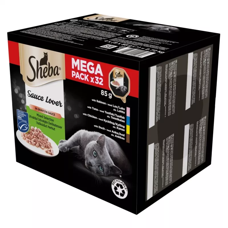 Zestaw mokrej karmy dla kota Sheba w tackach 32 x 85 g — mieszanka drobiu, kaczki, łososia, tuńczyka