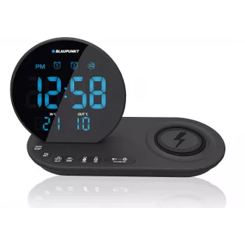 FM PLL clock radio/ALARM/USB/CR85BK CHARGE/Wireless charging/do użytku wewnętrznego/outdoor temperature/Czarny