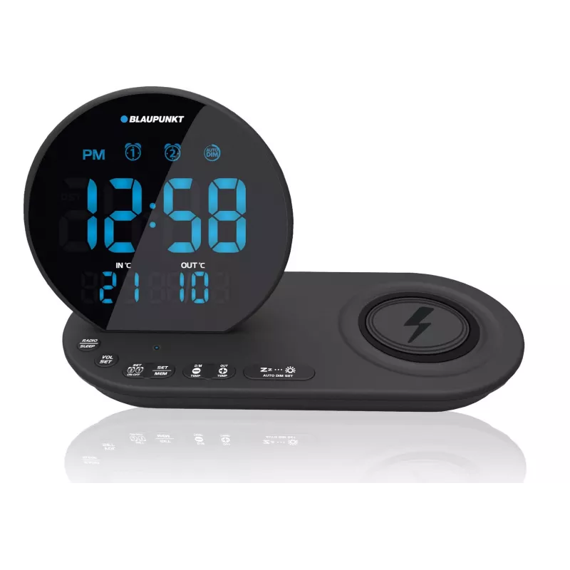 FM PLL clock radio/ALARM/USB/CR85BK CHARGE/Wireless charging/do użytku wewnętrznego/outdoor temperature/Czarny