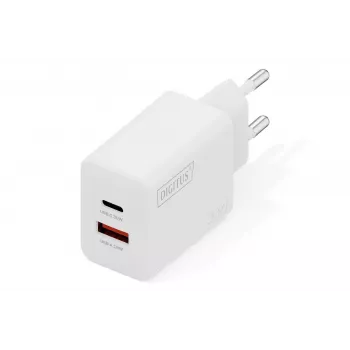Ładowarka sieciowa USB GaN DIGITUS DA-10301 — 30 W, 1× USB-C, 1× USB-A, 100–240 V, biała