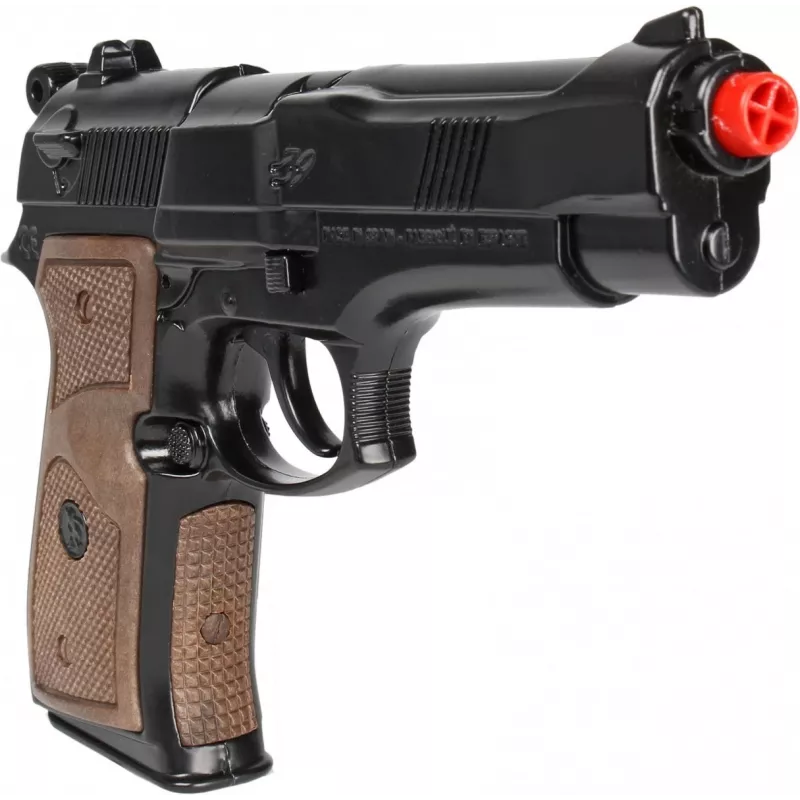 Metalowy pistolet policyjny zabawka Pulio model 15539/6 — metalowa konstrukcja, akcesorium zabawkowe
