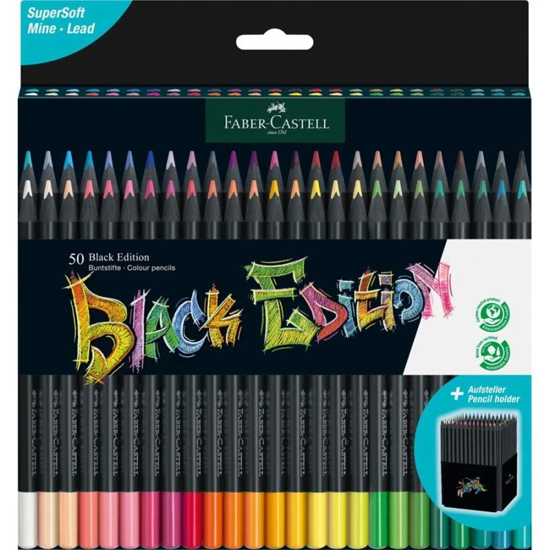 Kredki ołówkowe Faber-Castell 116450, zestaw wielokolorowy, 50 sztuk, miękki grafit, pudełko kartonowe