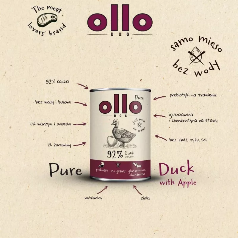 OLLO Pure Duck with apple - mokra karma dla psa - 400g