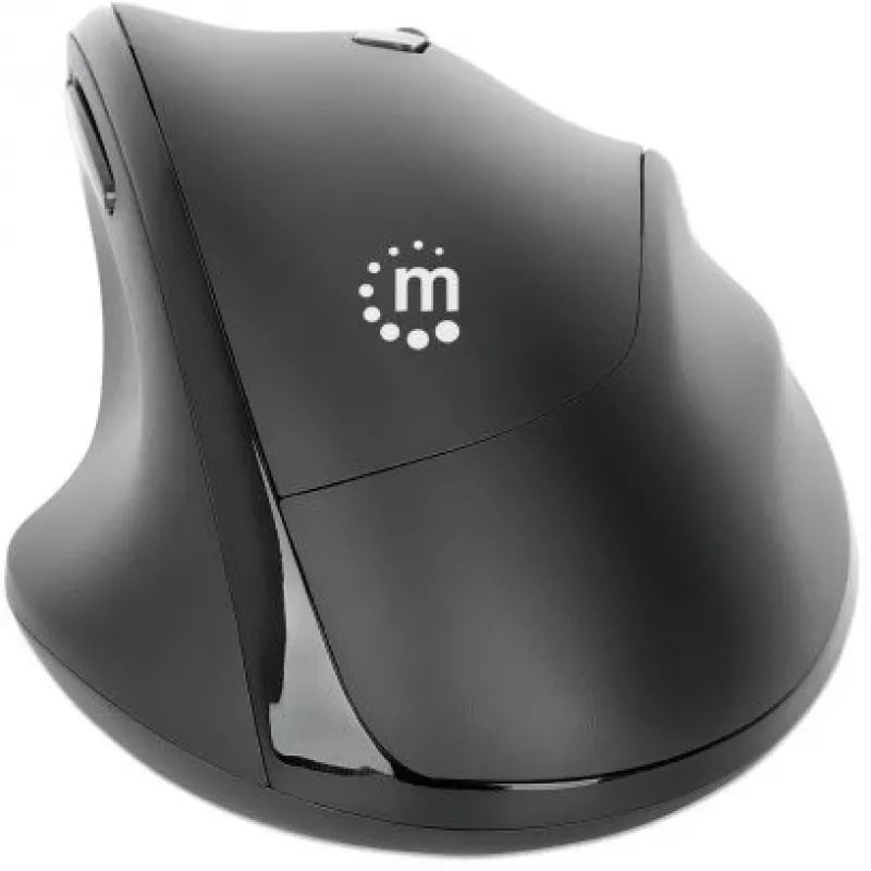 Manhattan Ergonomic Wireless mysz, Right Handed, Adjustable 800/1200/1600dpi, 2.4Ghz (up to 10m), Six Button with Scroll Wheel, Combo USB=A and USB-C receiver, Czarny, AA bateria (included), Three Year Warranty