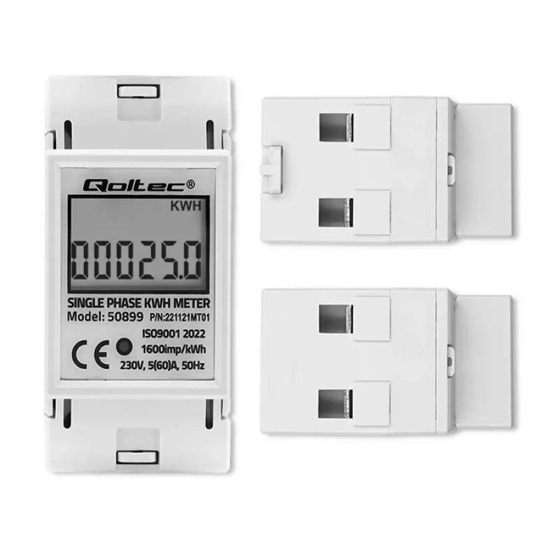Jednofazowy licznik zużycia energii QOLTEC 50899 230 V 50 Hz, 5(60)A, Klasa 1.0, Wyświetlacz