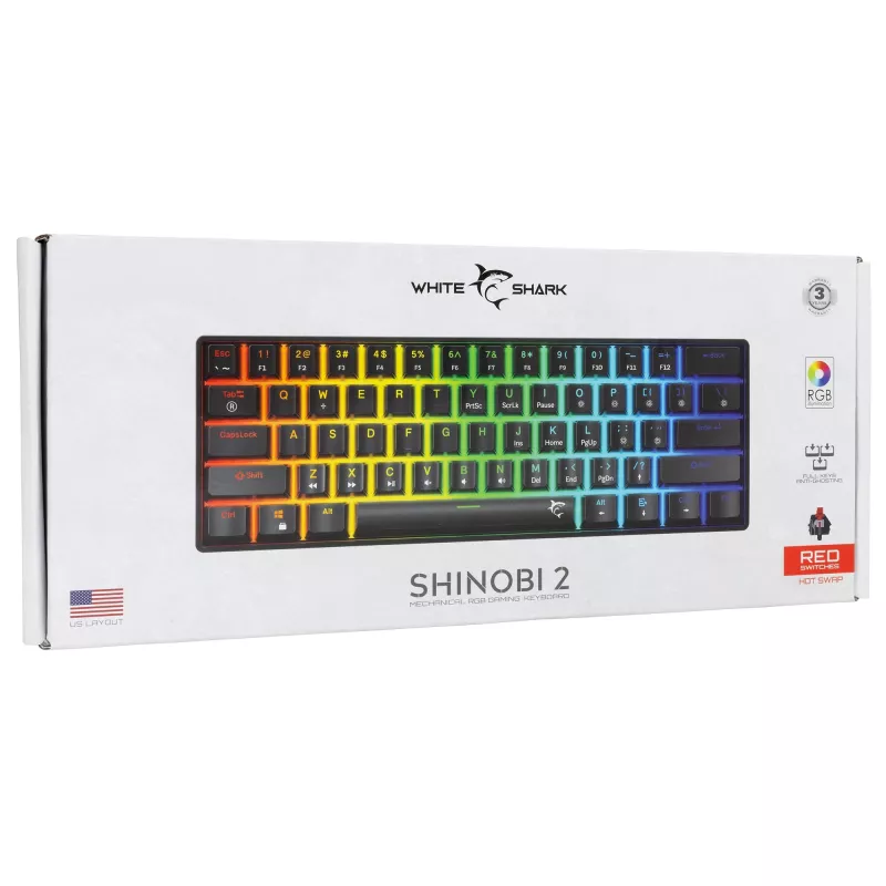 Mechaniczna klawiatura gamingowa White Shark Shinobi-2 z przełącznikami czerwony, czarna, układ US