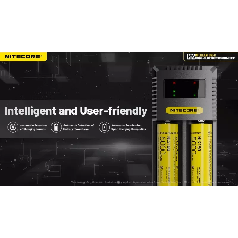 Ładowarka do akumulatorów Nitecore Ci12 Uniwersalna ładowarka USB do Li-Ion, NiCd, NiMH, wejście 3A 5/9/12V, obudowa z tworzywa sztucznego