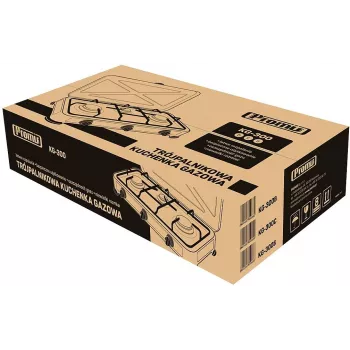 Kuchenka gazowa PROMIS KG300C, 3 palniki, ręczne pokrętła, czarna płyta, 580×310×110 mm