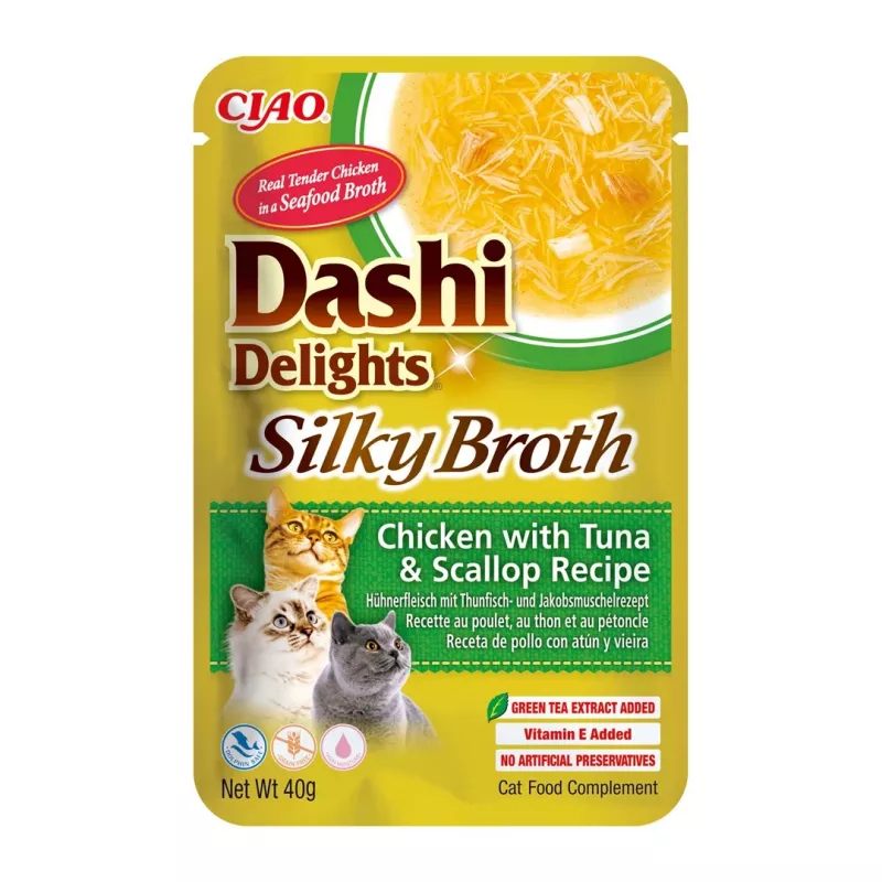 Mokry przysmak dla kota INABA Dashi Delights — Kurczak z tuńczykiem i przegrzebkiem, 40 g saszetka, 93% wilgotności, 5,5% białka