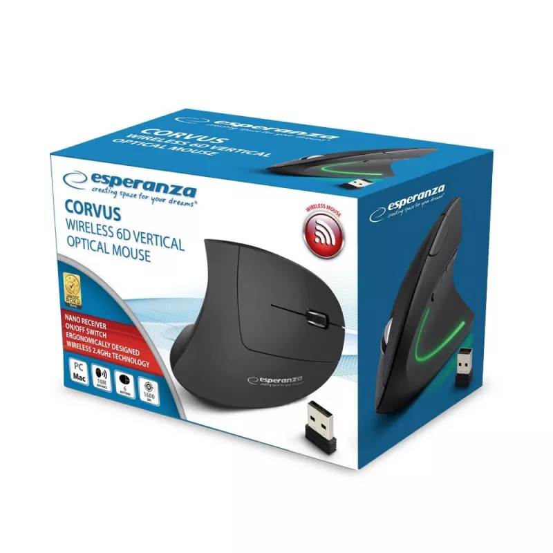 Mysz bezprzewodowa ESPERANZA EM133 — ergonomiczna praworęczna, 1600 DPI, 6 przycisków, odbiornik nano USB 2.4 GHz, zasięg 10 m, czarna