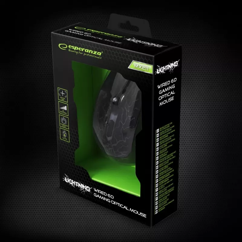 Esperanza MX211 LIGHTNING - Mysz - USB - Hiiri - Optyczna - 6 przycisków - Czarna