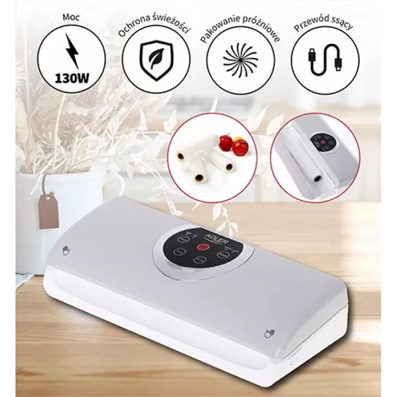 Zgrzewarka próżniowa Adler AD 4503, 130 W, podciśnienie -750 do -800 mbar, wtyczka typu C, szaro-biała