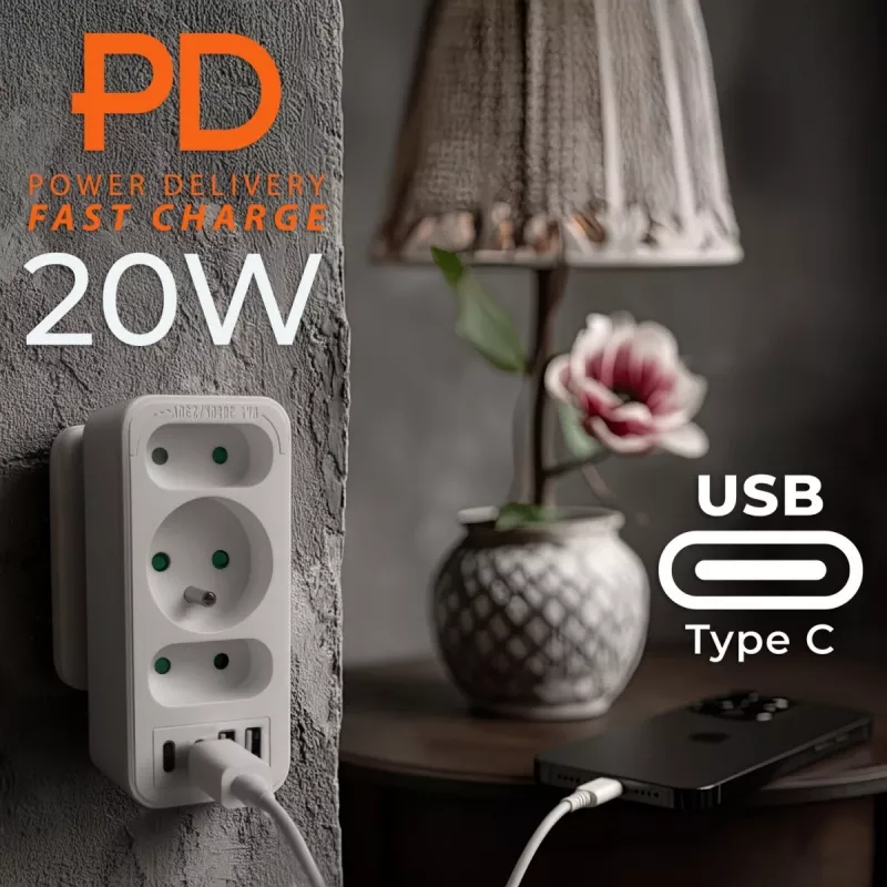 Rozgałęziacz zasilania MACLEAN MCE248 F/W — 3 gniazda AC (1×16A, 2×6A) + 4×USB (2×A, 2×C PD 20W), wtyczka EU, biały