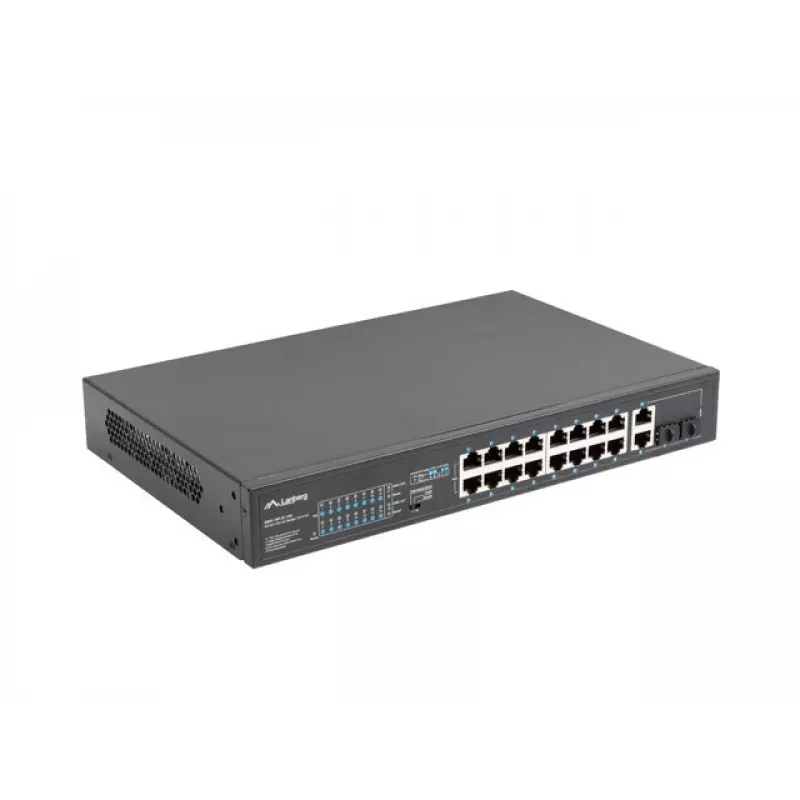Przełącznik niezarządzalny LANBERG RSFE-16P-2C-150 — 18-portowy Gigabit, 16 PoE+/2 SFP, 150 W, 1U, metal, czarny