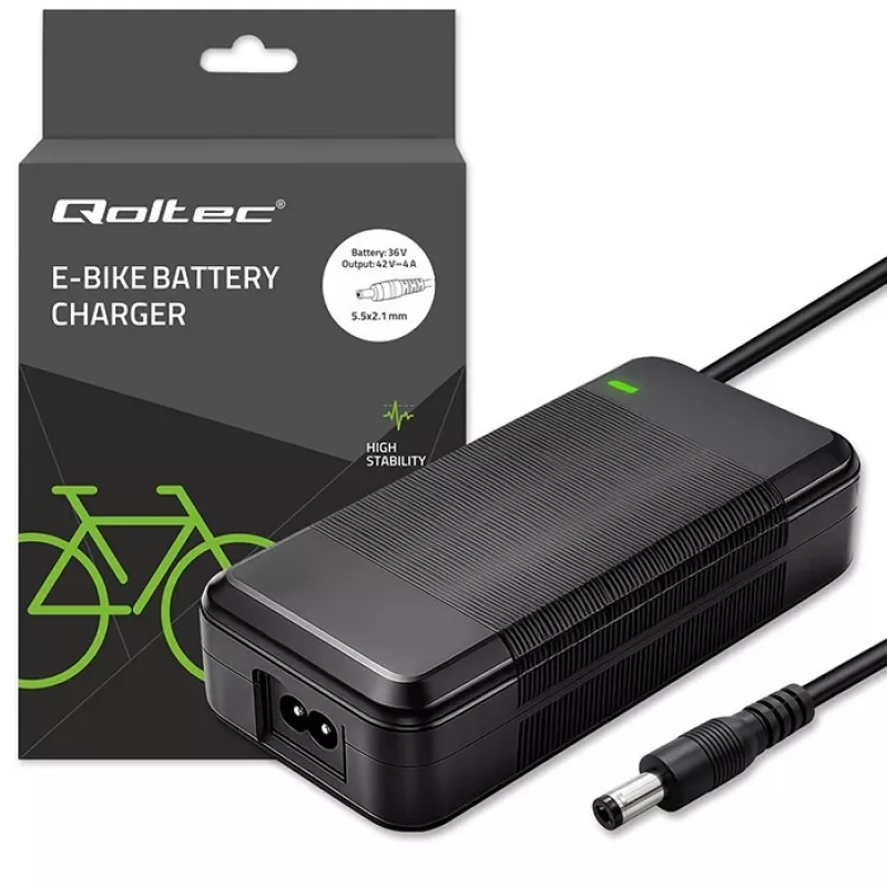 Ładowarka QOLTEC 36V–42V 4A do e-roweru, wtyk DC 5,5×2,1 mm