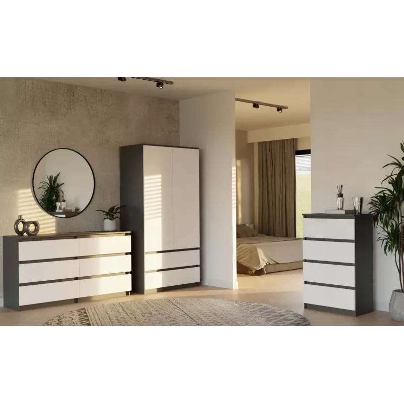 Szafa top e shop MALWA SS-90, 90×180×50 cm, rama antracytowa, białe drzwi uchylne, 2 szuflady, laminat 16 mm