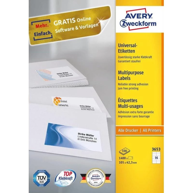 Avery 3653 etykieta samoprzylepna Prostokątna Trwała Biała 1400 szt.