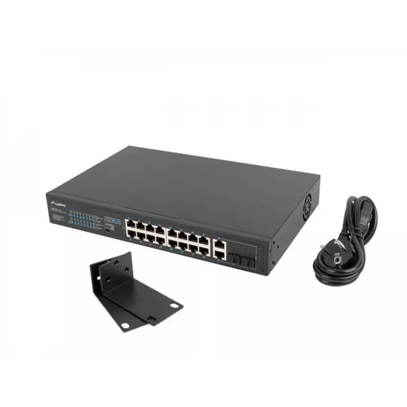 Niezarządzalny przełącznik LANBERG RSFE-16P-2C-250 — 18-portowy Gigabit, 16x PoE+ (30W), 2x SFP, 250W, 1U, metal, montaż w szafie