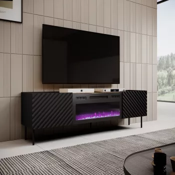 Szafka pod telewizor Cama Meble ONDA z kominkiem elektrycznym 1805×400×580 mm, czarna, blat z płyty wiórowej (wolnostojąca lub do montażu na ścianie)