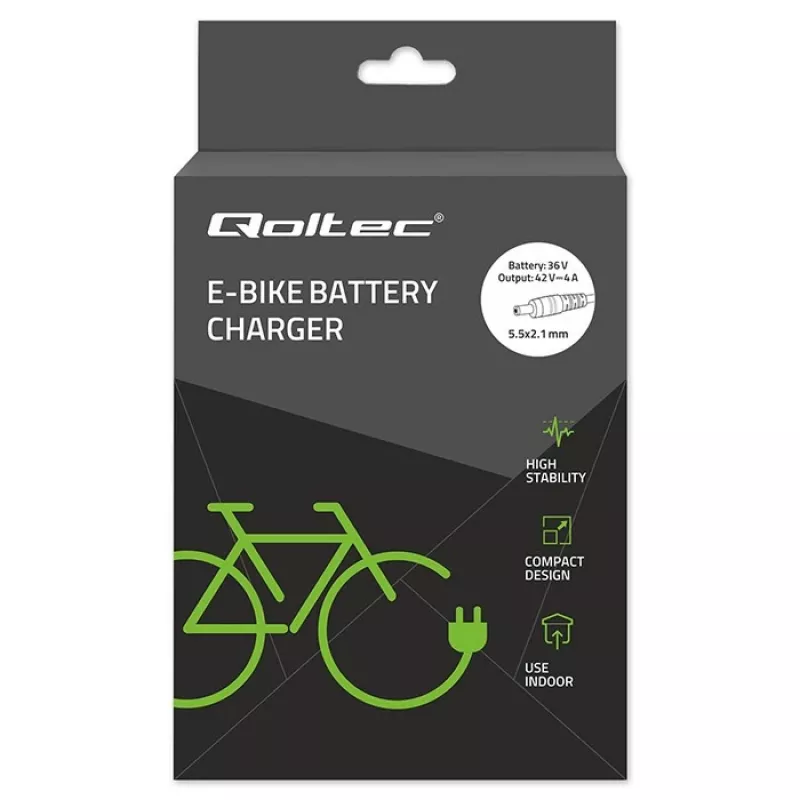 Ładowarka QOLTEC 36V–42V 4A do e-roweru, wtyk DC 5,5×2,1 mm