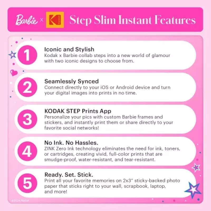 Barbie x Kodak STEP Slim Przenośna Drukarka Zdjęć Kolor ZINK 2x3'' 1ppm, Bluetooth, Różowy