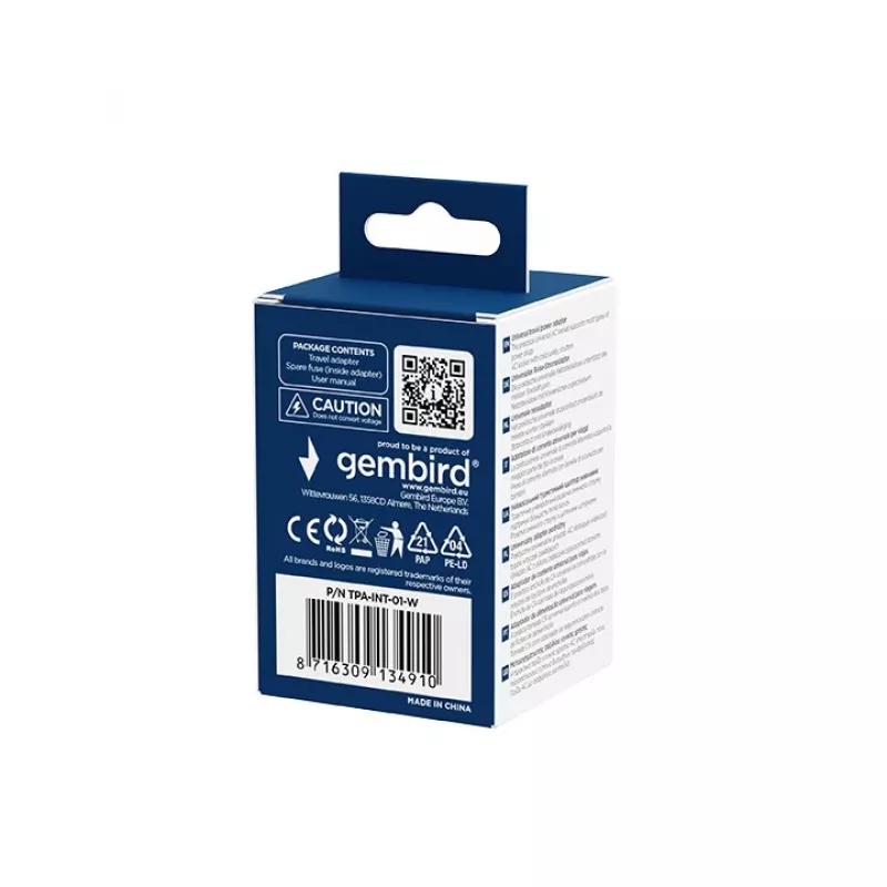 Uniwersalny podróżny adapter zasilania GEMBIRD TPA-INT-01-W — wejście 100–250 V, wtyk typu G, kompaktowe wymiary 84×56×85 mm