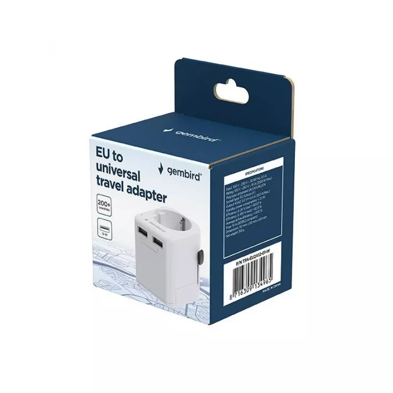 Uniwersalny adapter podróżny GEMBIRD TPA-EU2A12-01-W 12 W zasilacz USB do gniazdek międzynarodowych